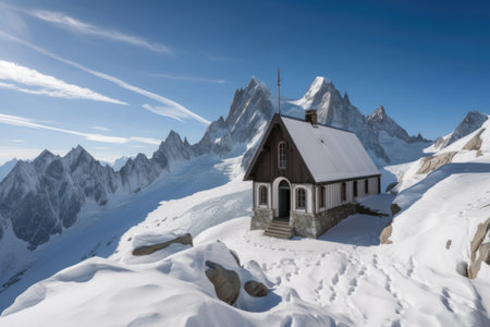 peaceful chapel surrounded by snow-covered peaks and clear blue skies, created with generative aiの素材