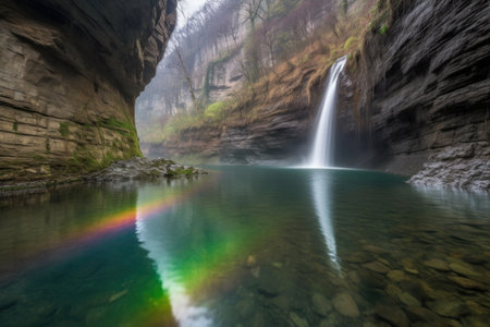 majestic waterfall with rainbow reflection in a deep gorge, created with generative aiの素材