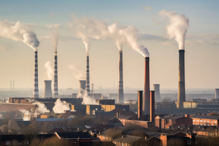 air pollution from factory chimney stacks, viewed from a distance, created with generative aiの素材