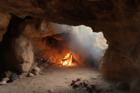 view of cave-in with smoke and fire burning at the entrance, created with generative aiの素材