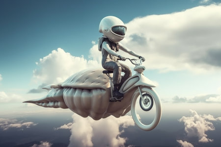 alien, riding futuristic floating bike in the sky, traveling from one destination to another, created with generative aiの素材