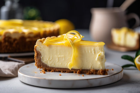 slice of cheesecake, topped with swirl of creamy and tangy lemon curd, created with generative aiの素材