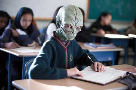 alien student, taking notes while teacher lectures, in classroom setting, created with generative aiの素材