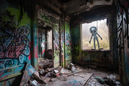 alien street artist painting on the wall of an abandoned building, with broken windows and graffiti visible in the background, created with generative aiの素材