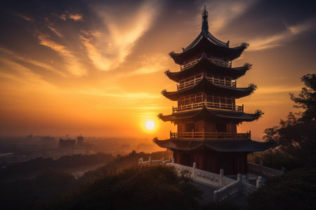 spectacular sunset over grand china pagoda, with the sun setting beyond the horizon, created with generative aiの素材