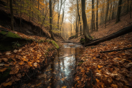 autumn forest hike with crunchy leaves and a stream in the background, created with generative aiの素材