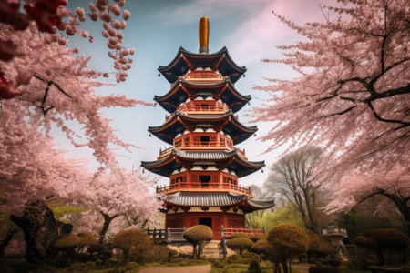 peaceful china pagoda surrounded by blooming cherry blossoms, created with generative aiの素材