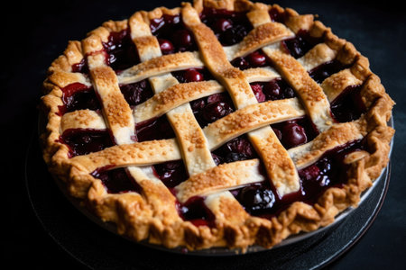 cherry pie with lattice crust and a sprinkling of sugar on top, created with generative aiの素材