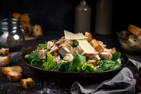 tasty chicken caesar salad with crispy croutons, shaved cheese and fresh herbs, created with generative aiの素材