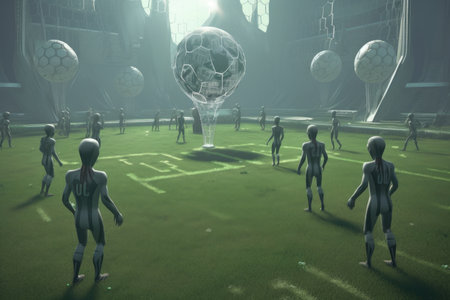 aliens playing soccer on a futuristic, otherworldly field, created with generative aiの素材