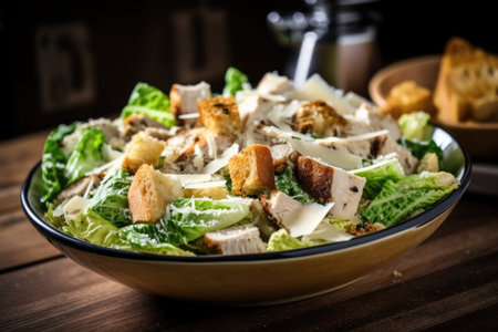 classic chicken caesar salad with grilled chicken, creamy dressing, and crunchy croutons, created with generative aiの素材