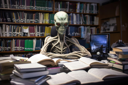 alien student, surrounded by books and notes, in the library, created with generative aiの素材