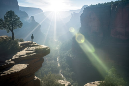 alien, looking out over canyon with sunlight shining through the mist, created with generative aiの素材