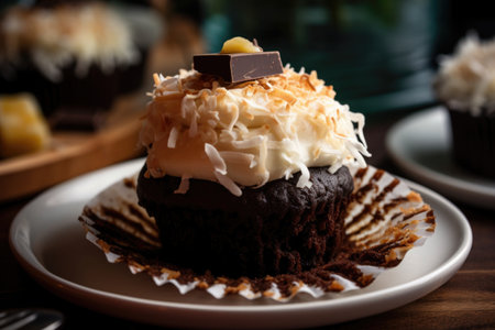 chocolate cupcake, with pineapple and coconut frosting, topped with toasted coconut, created with generative aiの素材