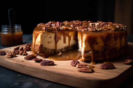 pecan and caramel cheesecake with graham cracker crust, created with generative aiの素材
