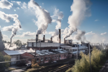 factory, with smoke and exhaust fumes rising from the chimneys, created with generative aiの素材