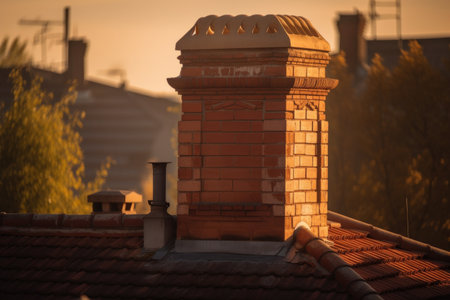 chimney with the morning sun shining through, casting warm and golden light on the roof, created with generative aiの素材