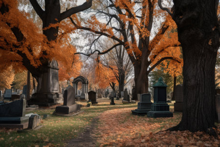 cemetery during autumn, with the leaves changing color and falling to the ground, created with generative aiの素材