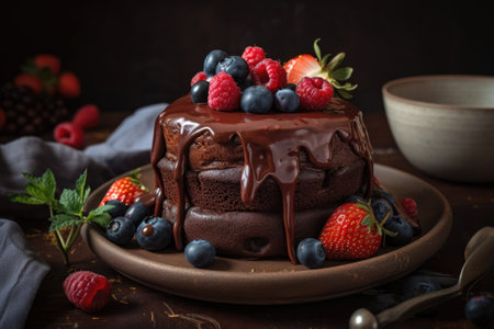 chocolate fondant cake with buttercream and fresh berries, created with generative aiの素材