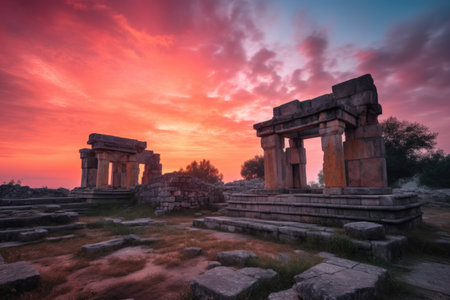 ancient ruins at sunrise, with orange and pink hues filling the sky, created with generative aiの素材