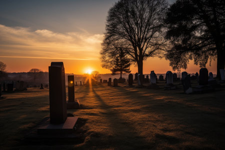 cemetery at dusk, with the sun setting over the horizon and a clear sky, created with generative aiの素材