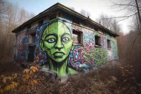 alien street artist spray-painting unique graffiti design on abandoned building, created with generative aiの素材