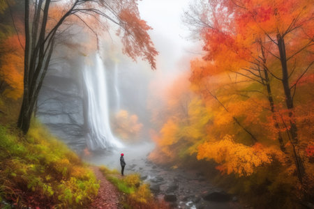 autumn forest with misty waterfall and person enjoying nature escape, created with generative aiの素材