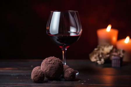 chocolate truffle with warm glass of red wine, created with generative aiの素材