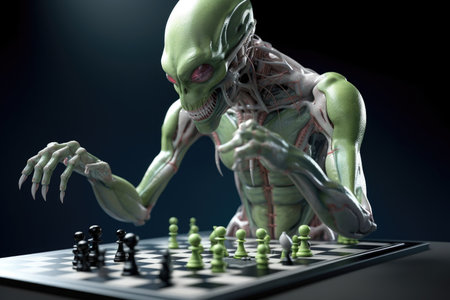 alien athlete competing in high-stakes game of chess, created with generative aiの素材