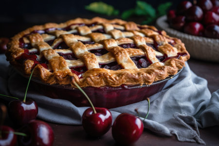 beautiful cherry pie, with lattice top and flaky crust, ready to be eaten, created with generative aiの素材