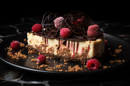 cheesecake on a black plate, with raspberries and chocolate curls, created with generative aiの素材
