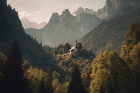 majestic mountain range with chapel in the distance, hidden among trees and foliage, created with generative aiの素材