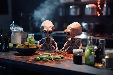aliens trying out new recipes, combining various ingredients and spices to create unique flavors, created with generative aiの素材
