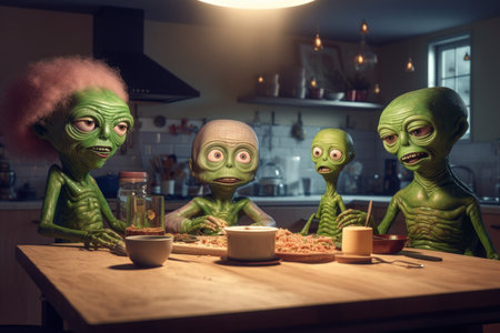 family of aliens gathers around kitchen table for delicious family dinner, created with generative aiの素材