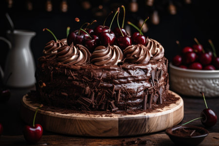 chocolate cake with swirl of frosting and cherry on top, created with generative aiの素材