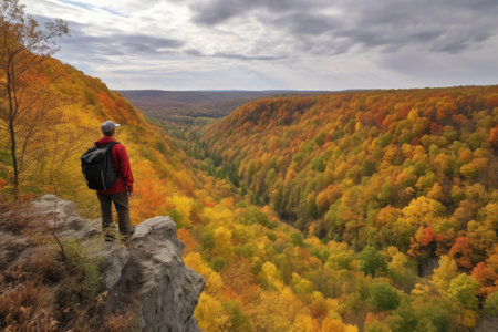 hiker taking in the view from a high cliff, overlooking a forest of changing leaves, created with generative aiの素材