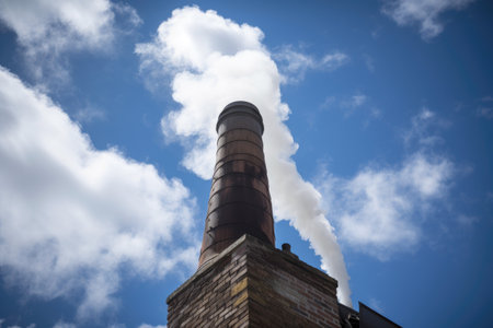 close-up of chimney, with smoke billowing out, against bright blue sky, created with generative aiの素材