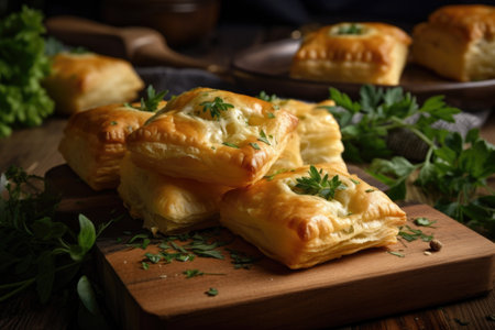 ravioli-style flaky puff pastries with filling of cheese and herbs, created with generative aiの素材