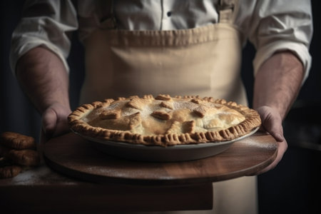 cook, with a plate of fresh homemade pie ready for serving, created with generative aiの素材