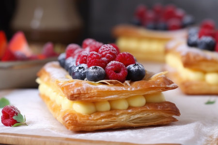 tarte flaky puff pastry with berry and custard filling, created with generative aiの素材