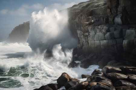 majestic cliff face with waves crashing against the rocks, spray flying in the air, created with generative aiの素材