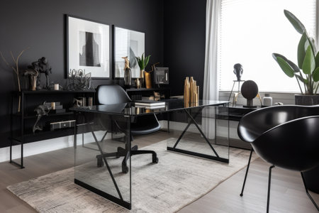 decluttered office with sleek black furniture, glass desk, and modern accessories, created with generative aiの素材