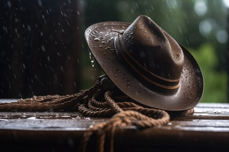 shower of raindrops on cowboy hat and rope, created with generative aiの素材