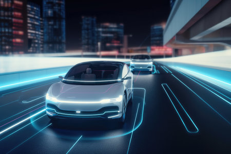 connected car, with sleek exterior and advanced technology, speeding down highway, created with generative aiの素材