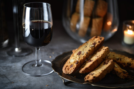 tin of freshly baked biscotti, paired with glass of wine, created with generative aiの素材