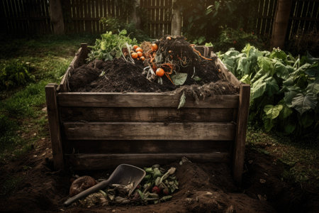 compost bin overflowing with rich, dark soil, created with generative aiの素材