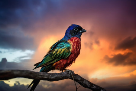 colorful bird with dramatic sky in the background, created with generative aiの素材