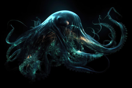 deep-sea creature, bioluminescent tentacles visible in the darkness, swirling and undulating, created with generative aiの素材