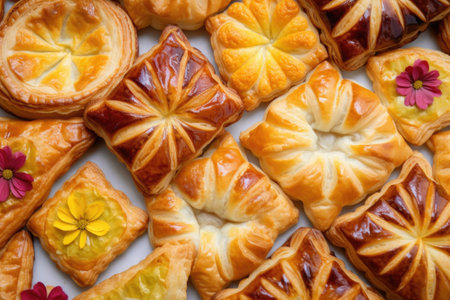 floral pattern on flaky puff pastries and turnovers, created with generative aiの素材
