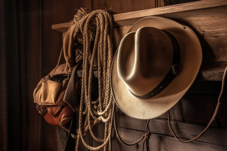 a cowboy hat and rope, hanging on a peg in a cabin, created with generative aiの素材